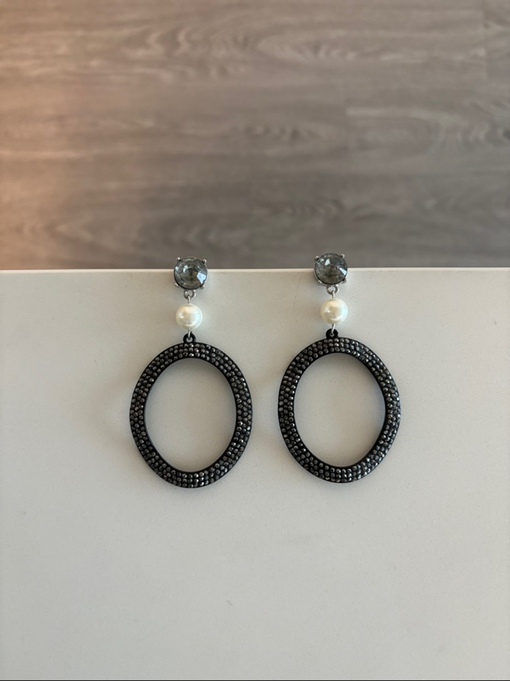 Black Pave Drop Hoop Earrings